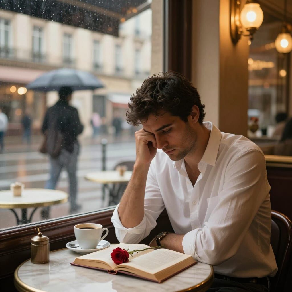 Man Alone in Cozy Parisian Cafe During Rainy Day
