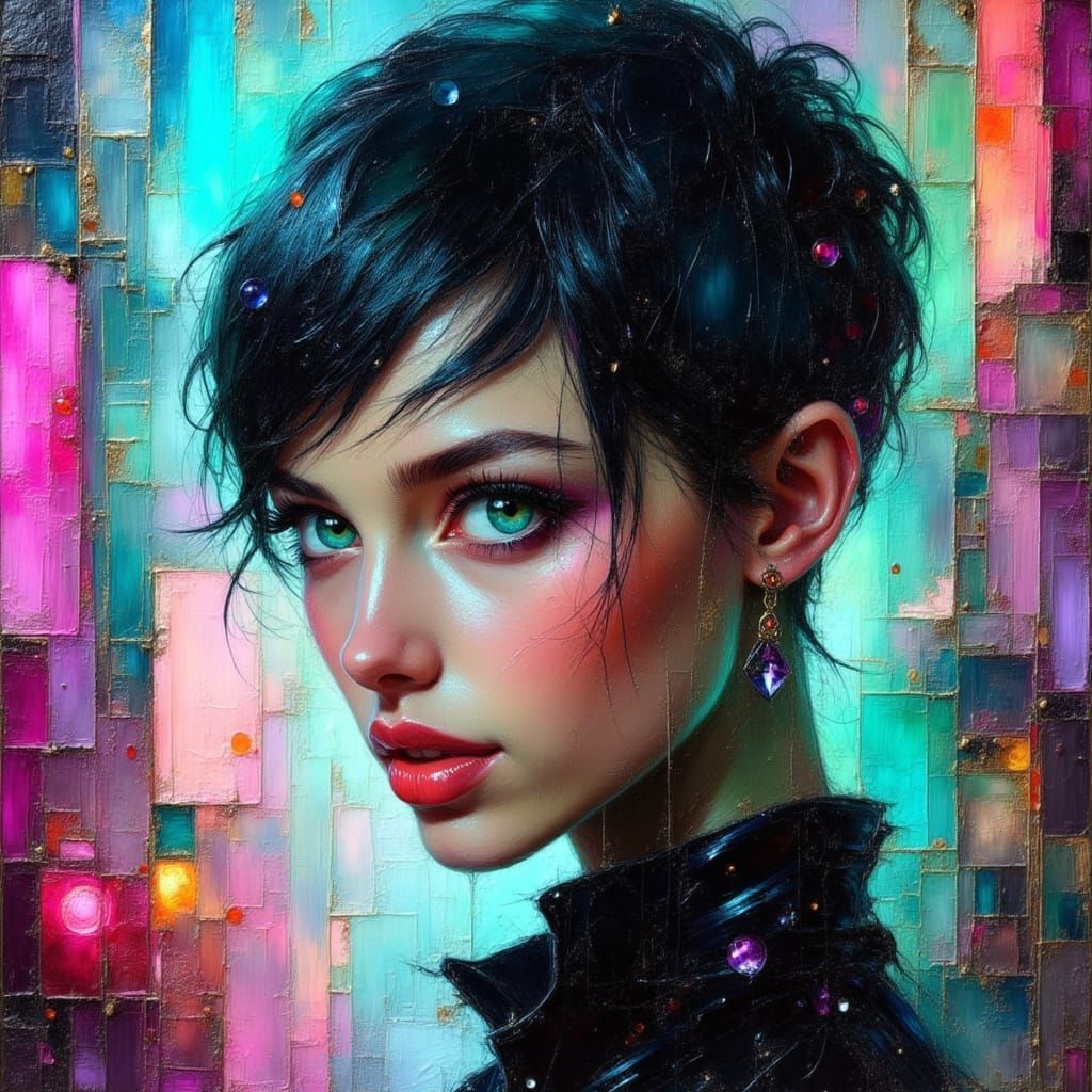 Neon Cityscape Model Portrait as Impasto Oil Painting