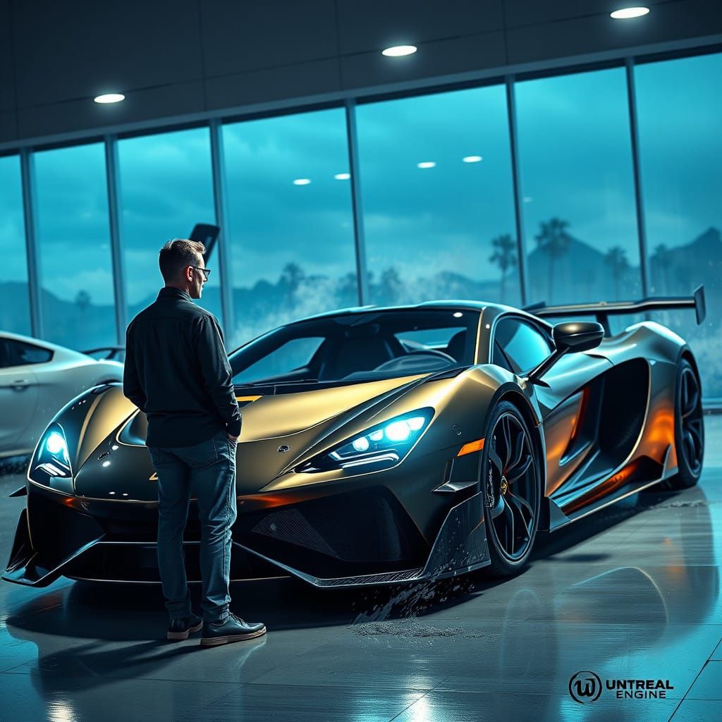 A Man in a Dealership, Surrounded by Futuristic Supercars