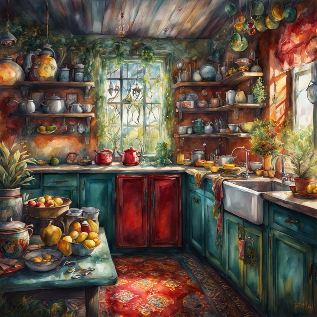 Epic Wilderness Kitchen Scene in Whimsical Watercolour Style