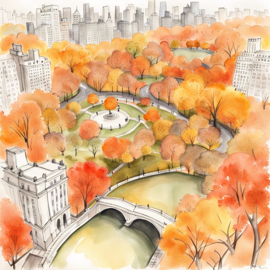 Central Park Autumn Aerial Watercolor Sketch