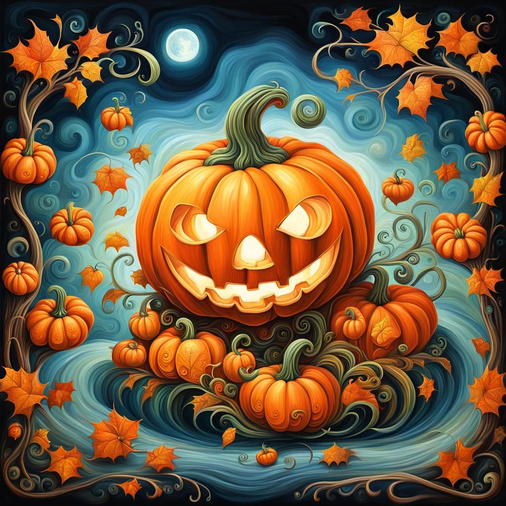 Enchanting Whimsical Pumpkin Oil Painting
