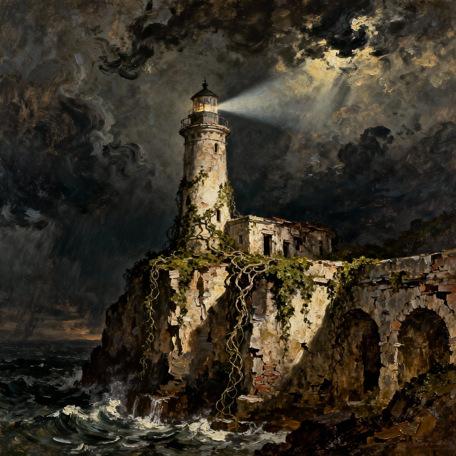 Solitary Lighthouse on Crumbling Cliff in Dramatic Light
