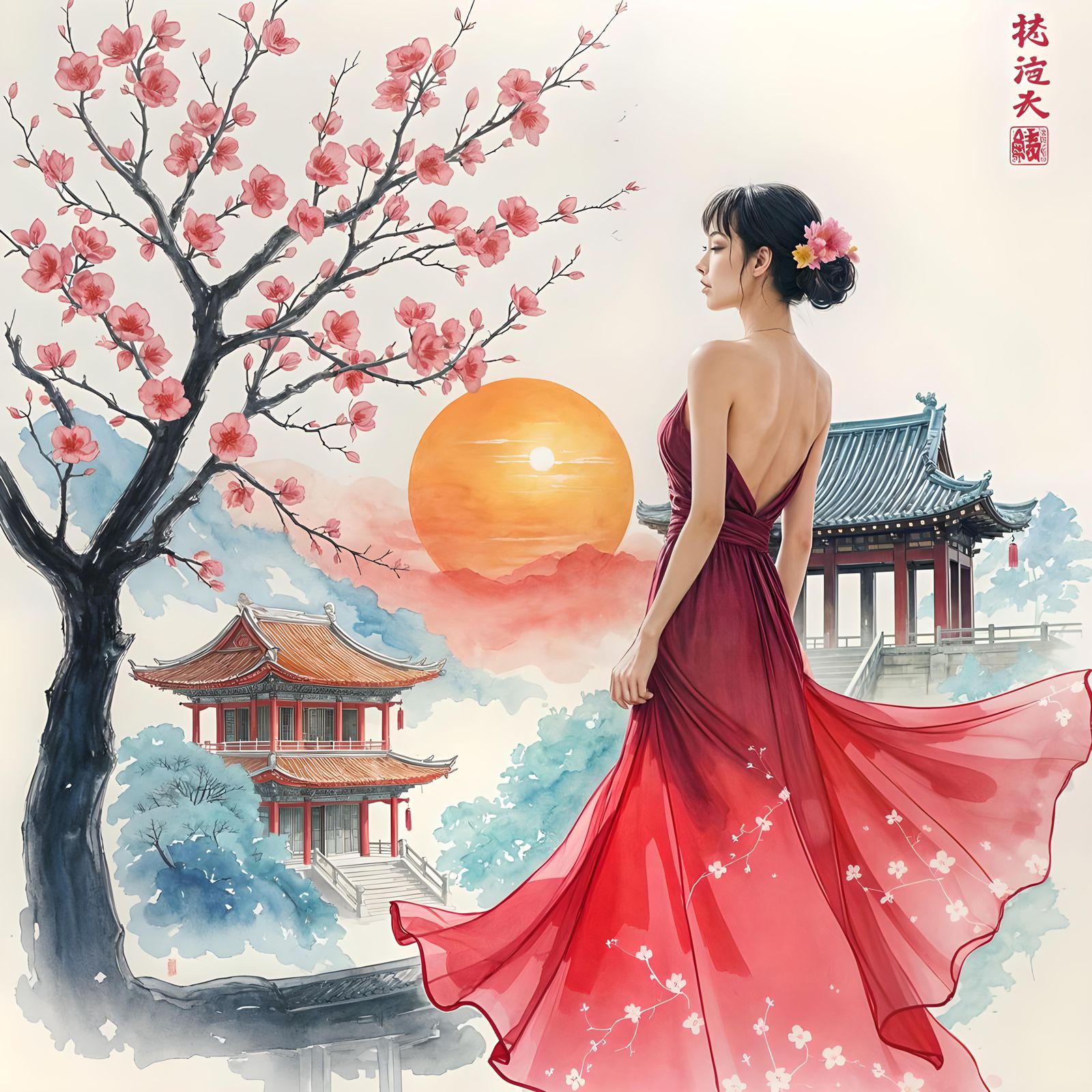 Girl Beside Sakura Tree at Sunset in Watercolor