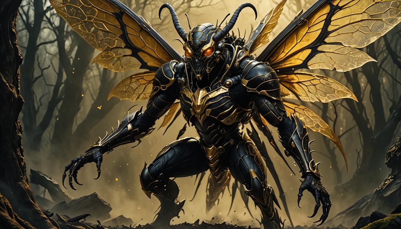 Demonic Wasp-Man in Gold Fog: Fantasy Concept Art