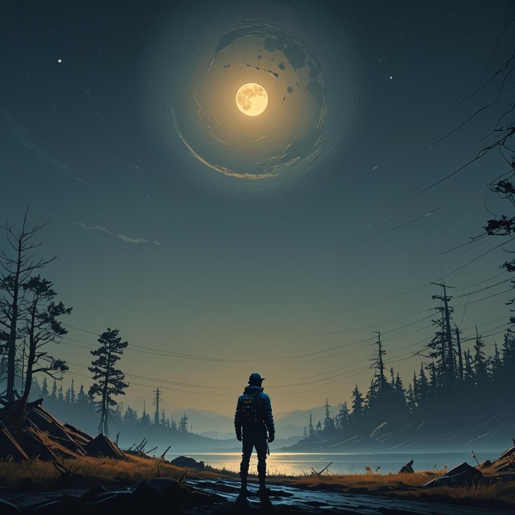 Moonlit Figure in Atmospheric Sci-Fi Landscape