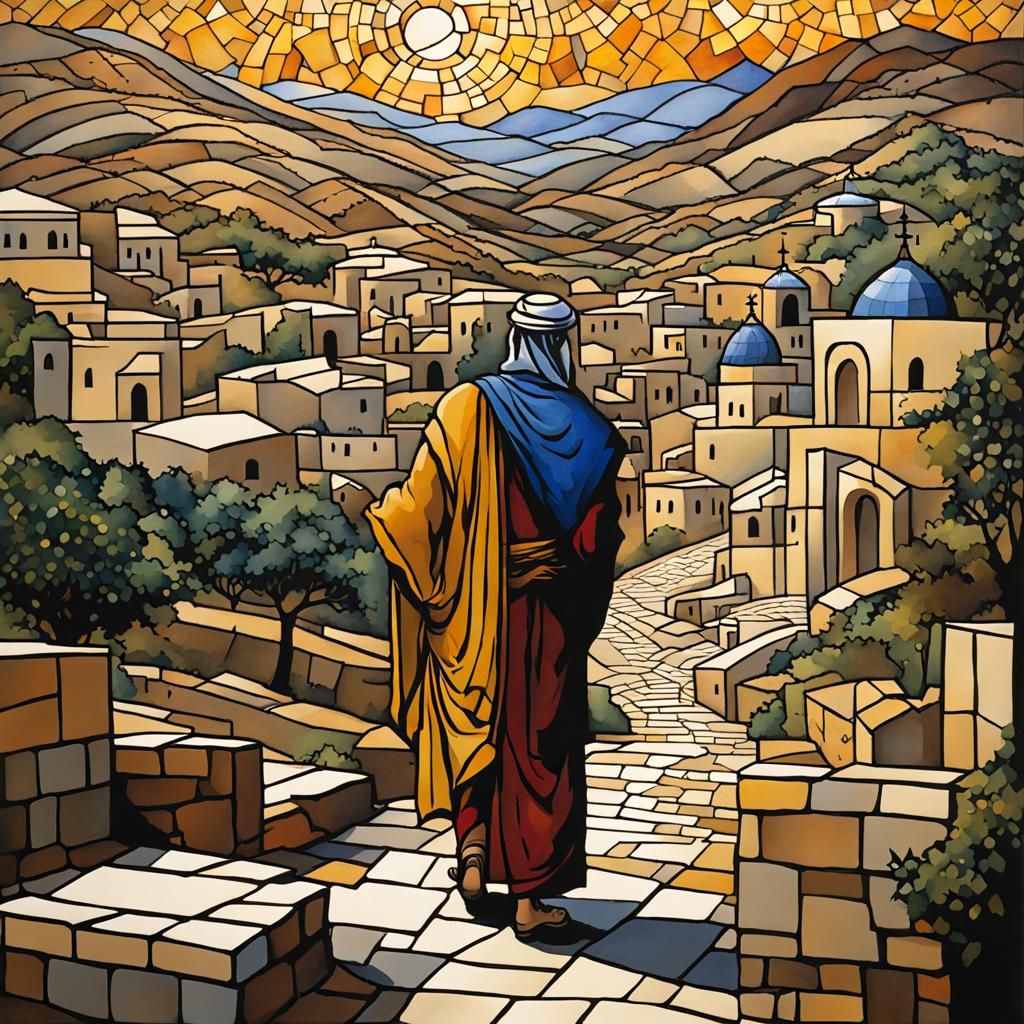 Good Samaritan Parable in Watercolor Mosaic Style