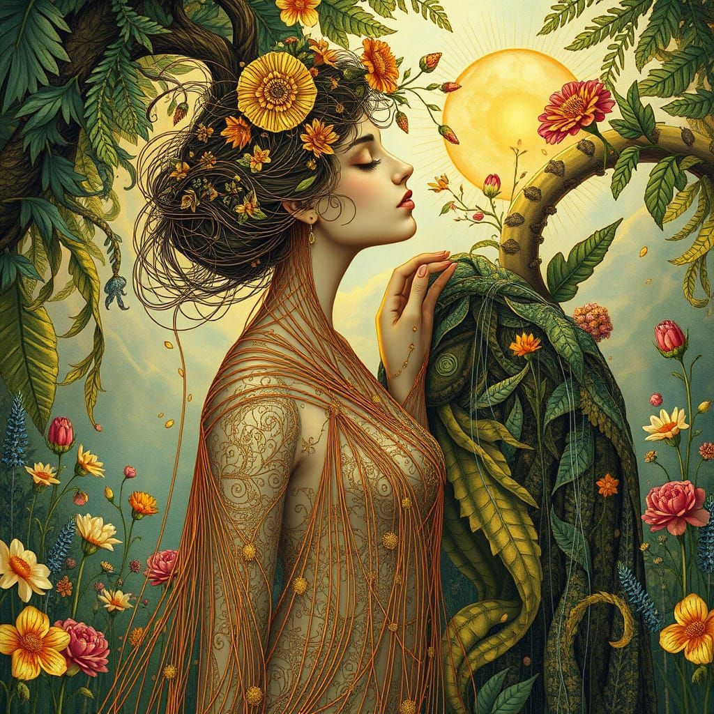 Filigree Woman Kisses Surreal Garden: Concept Art