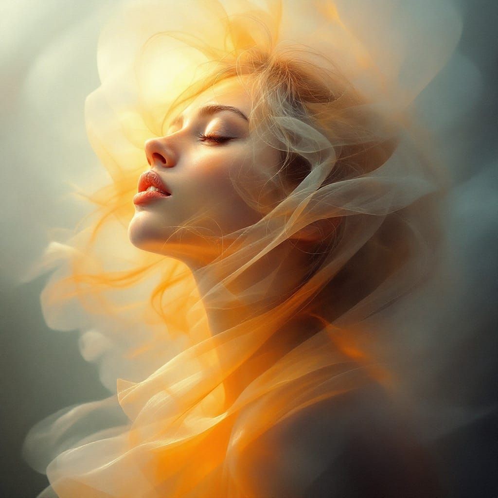 Woman Partially Visible Through Morning Mist, Bathed in Dawn...