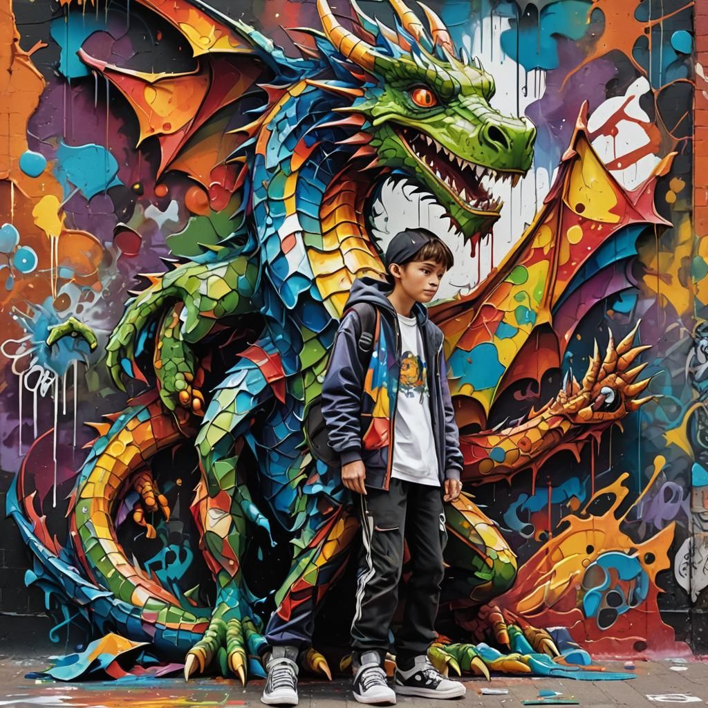 Vibrant Graffiti Art: Kid Sorcerer and Dragon