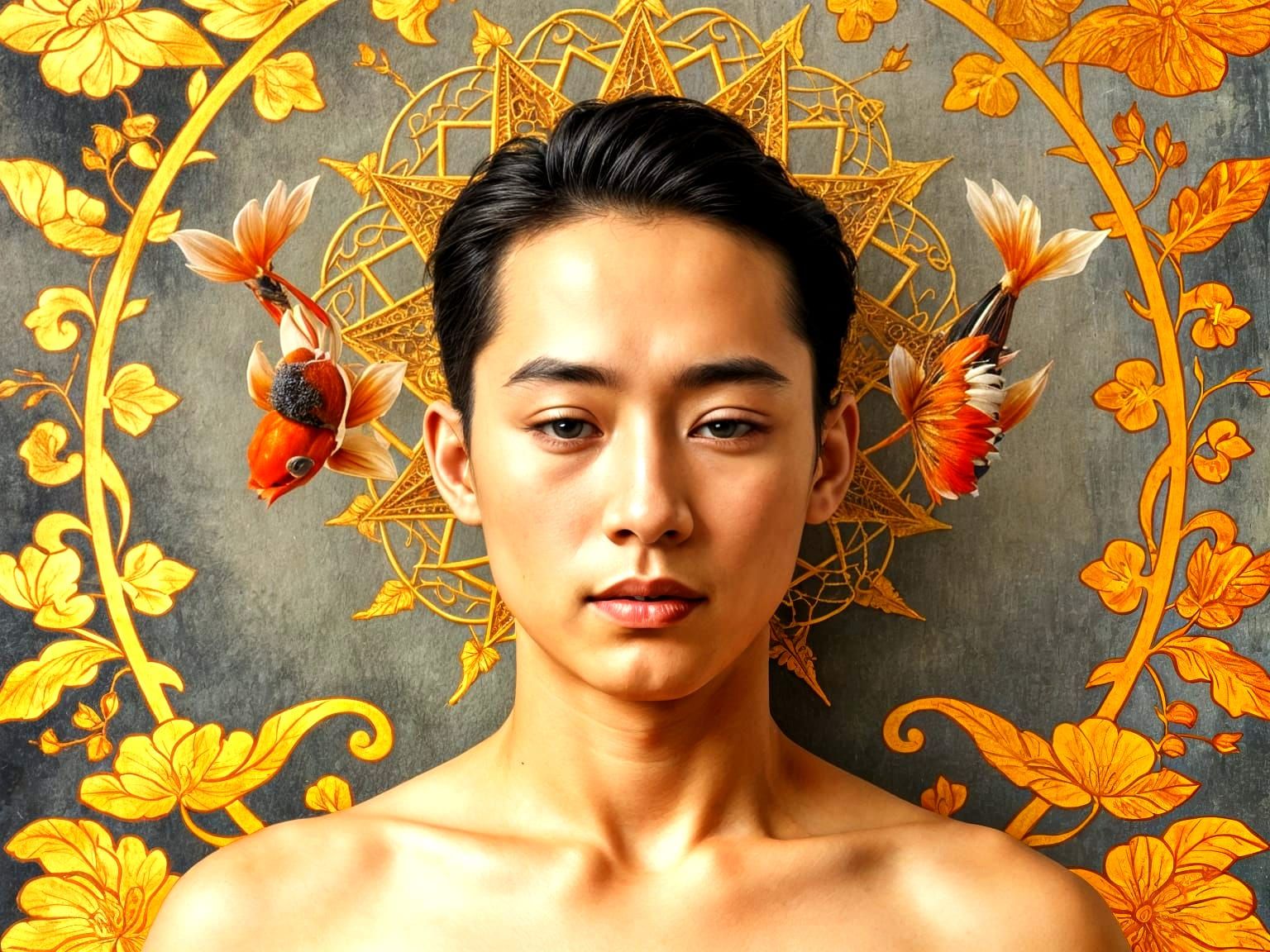 Asian Male Portrait with Gilded Halo in Symbolist Style