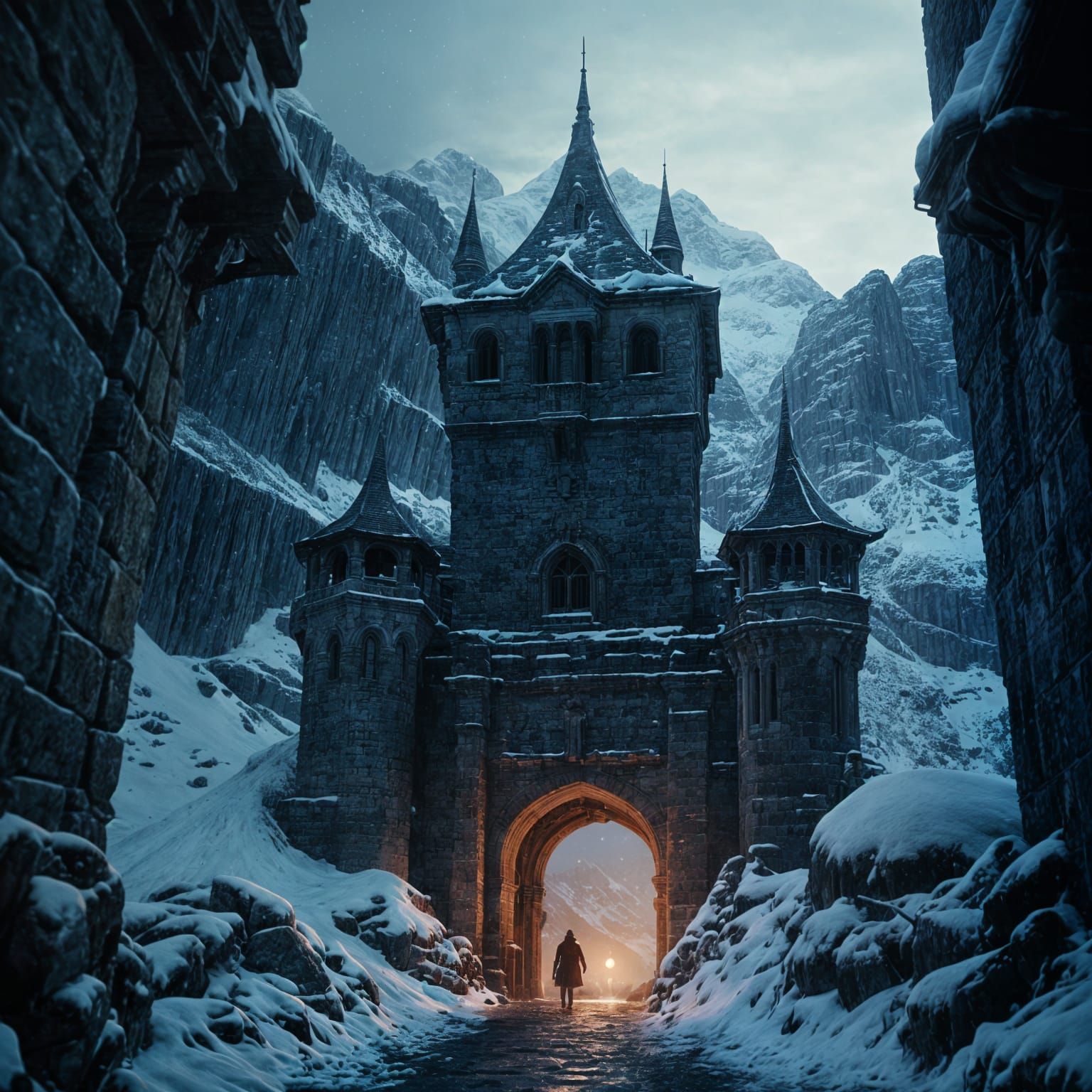 Ethereal Gothic Keep Amidst Snowy Mountains