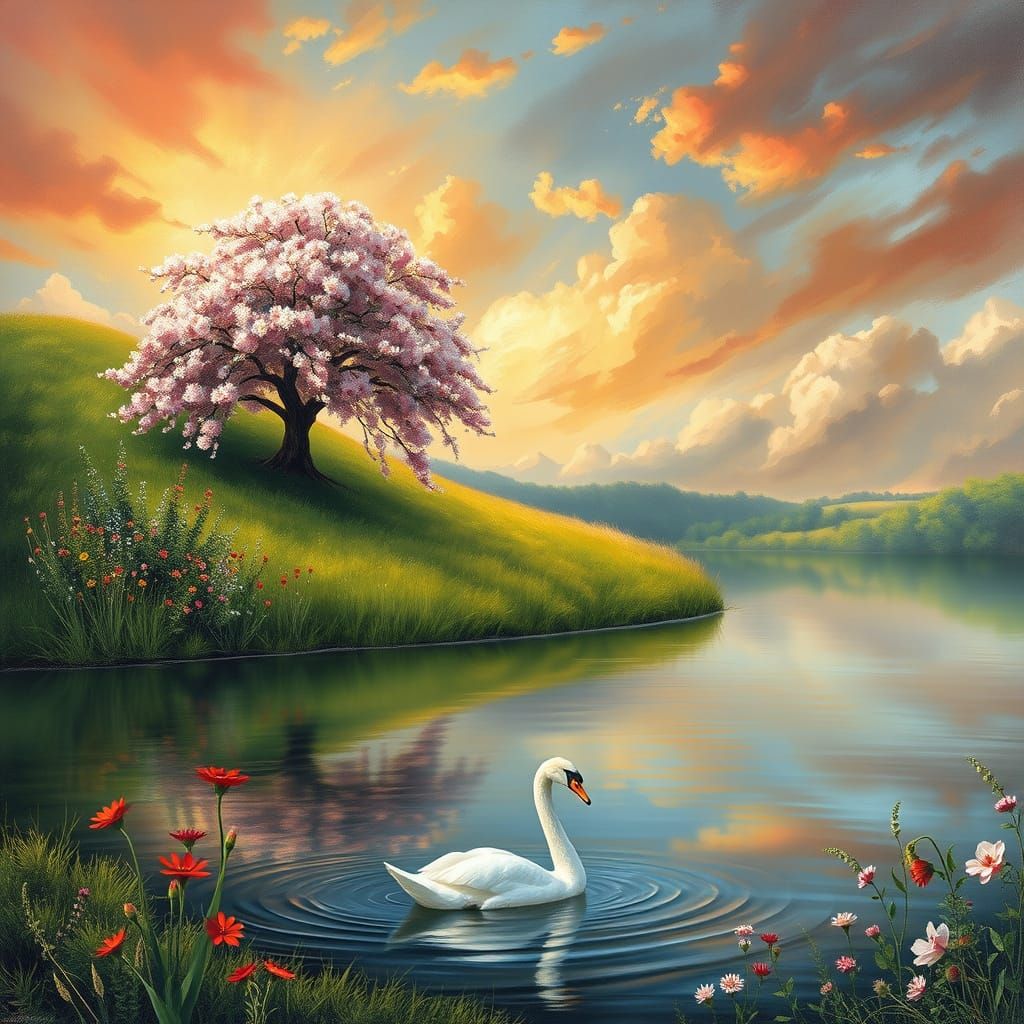 Swan on Pond in Impressionist Style