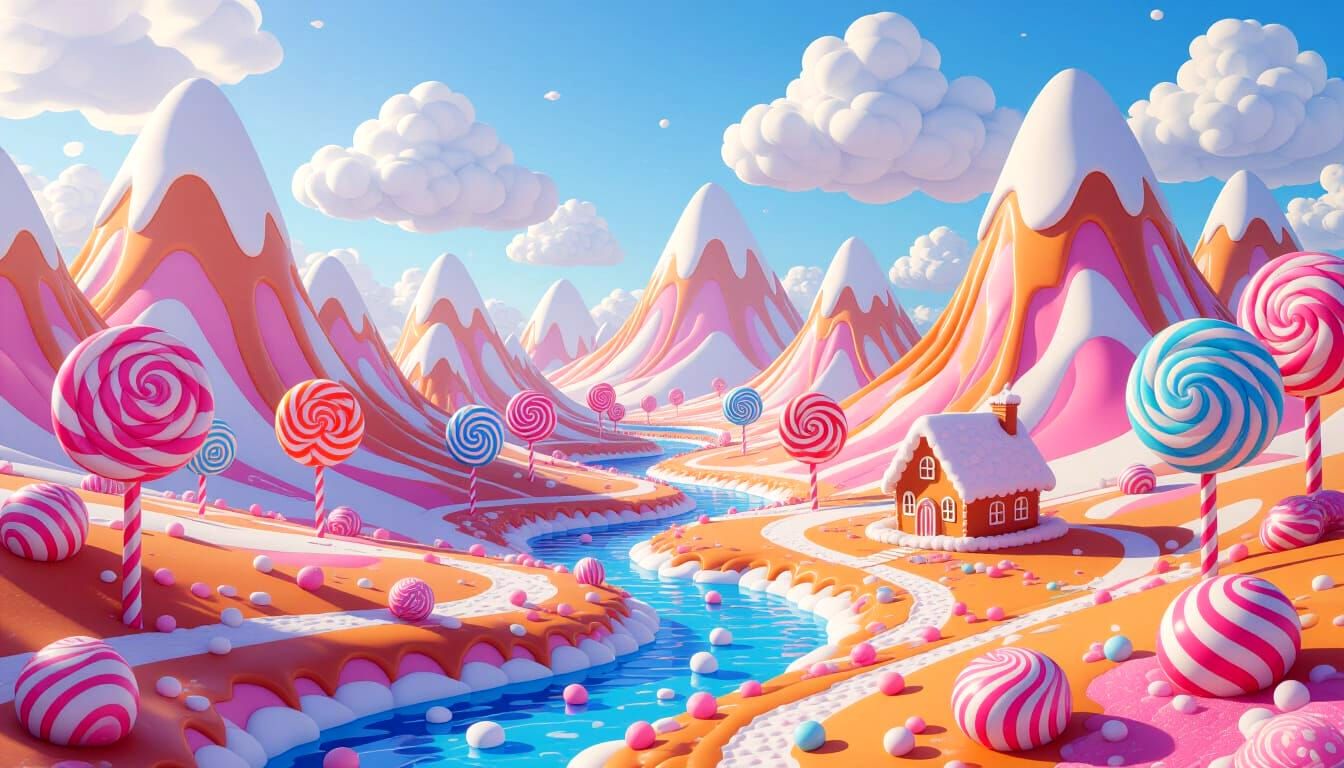 Candy Land Landscape: Nougat Mountains & Caramel Rivers