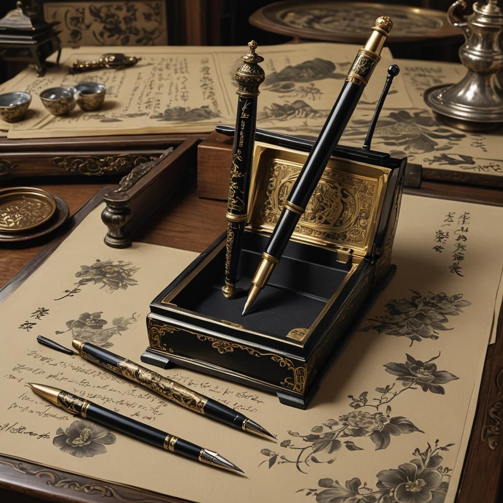 Sleek Black Wand on Antique Desk in Teahouse