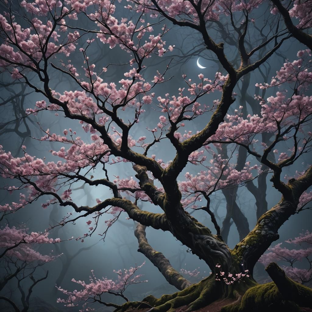 Dark Fantasy Cherry Blossom in Dimly Lit Forest