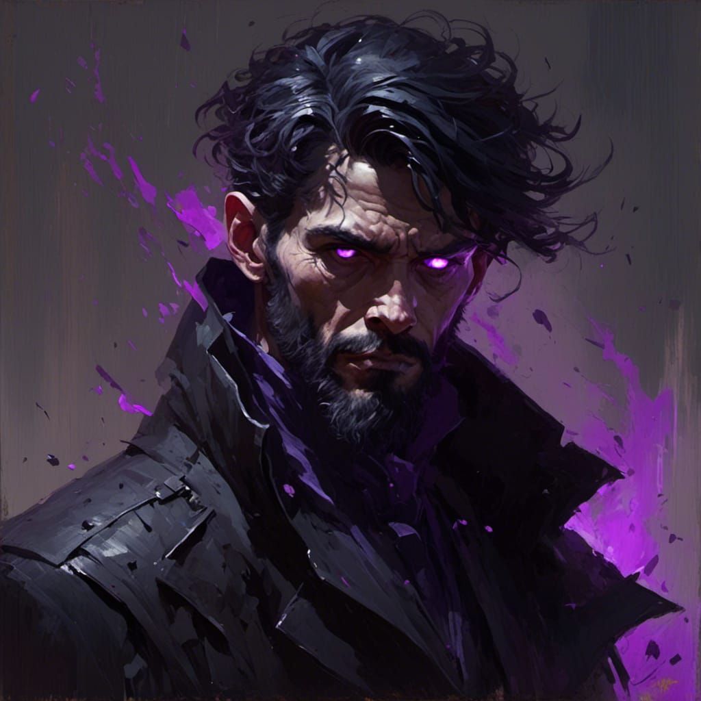 Ominous Man with Purple Eyes, Dramatic Dark Painting