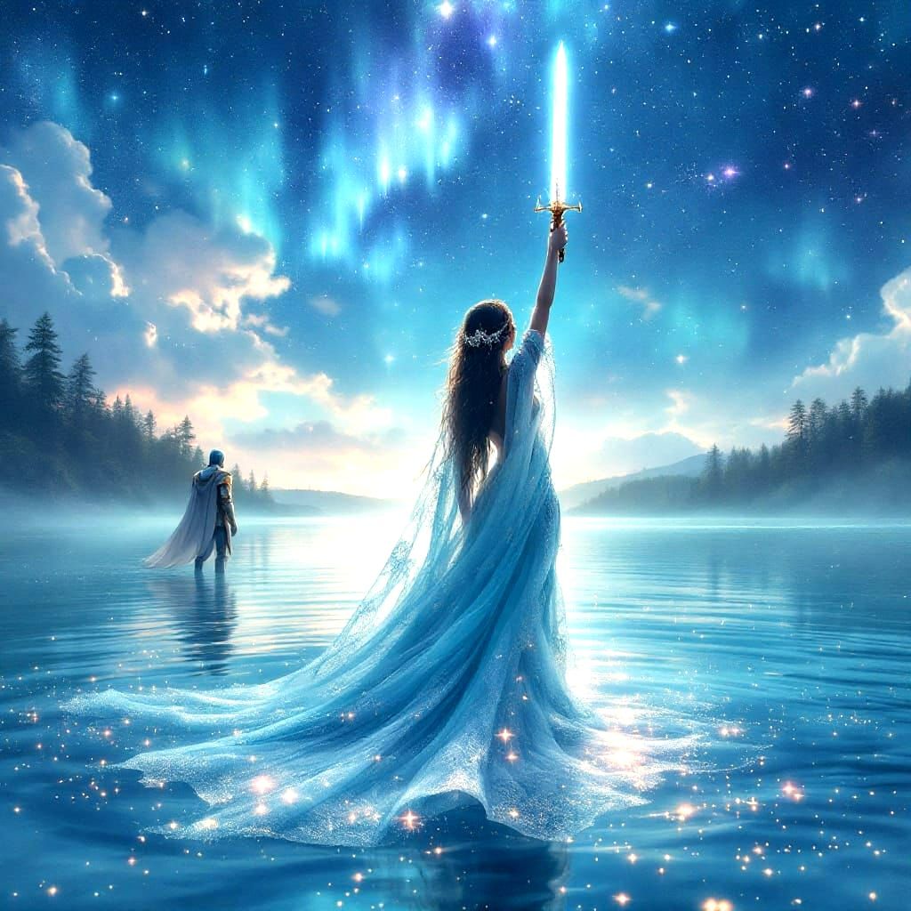 Surreal Goddess Shines with Excalibur as Starry Night Sky