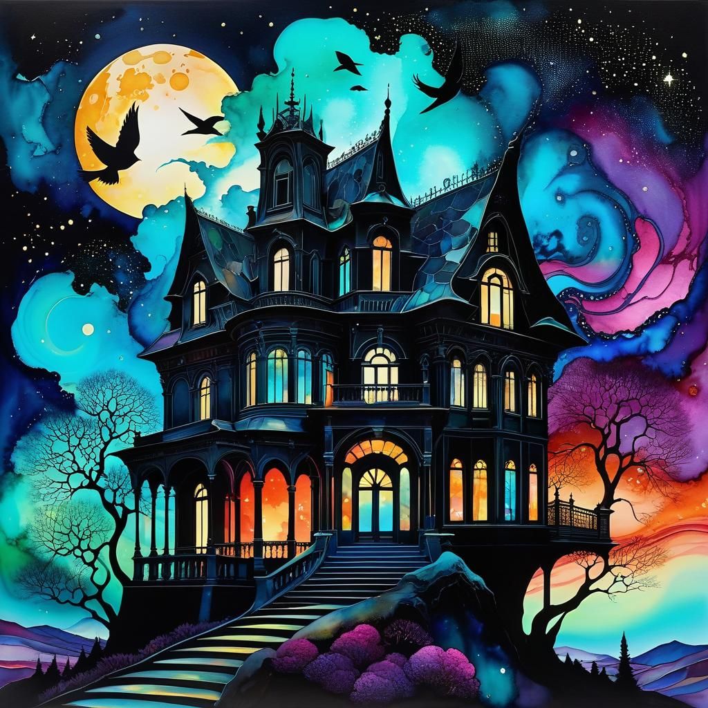 Nebula Cat in Dilapidated Mansion, Alcohol Ink Style