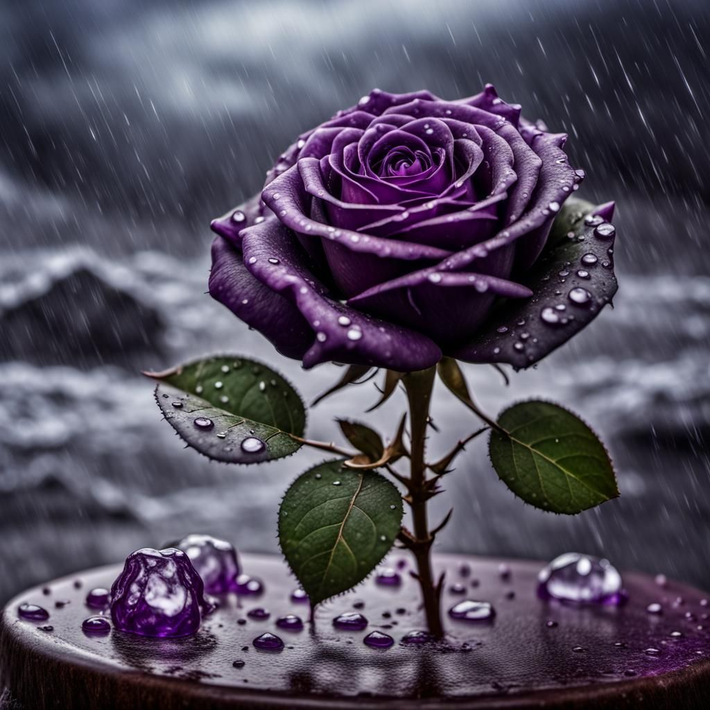deep purple rose stand strong and tall in the middle of a storm, coffee grounds on the table and purple ice drops intric...