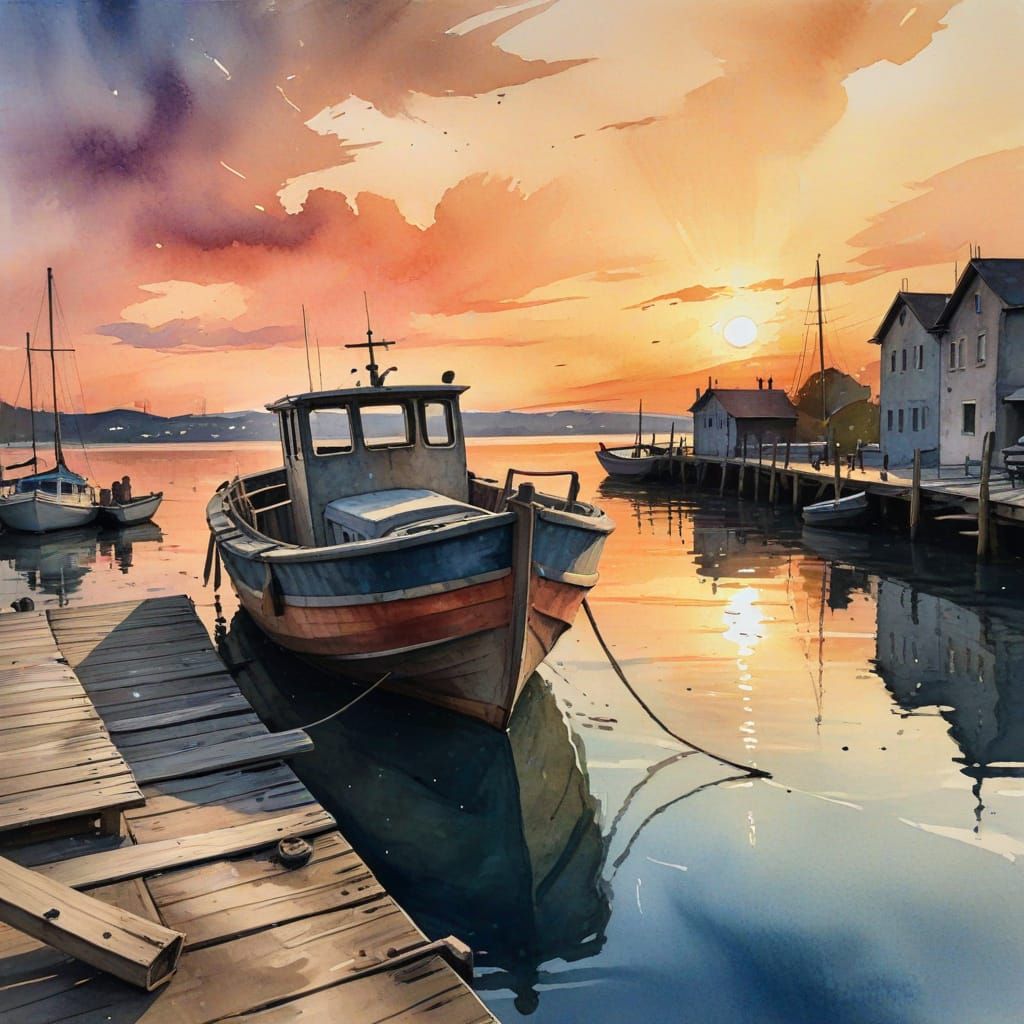 Expressionist Old Boat at Dock at Sunset