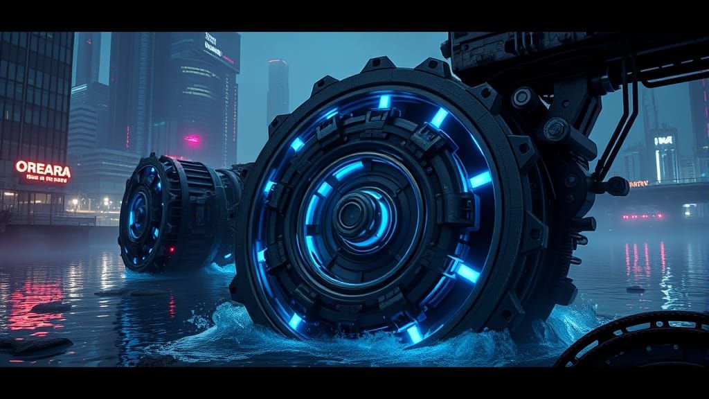Cyberpunk Waterwheel Thrives in Futuristic Metropolis