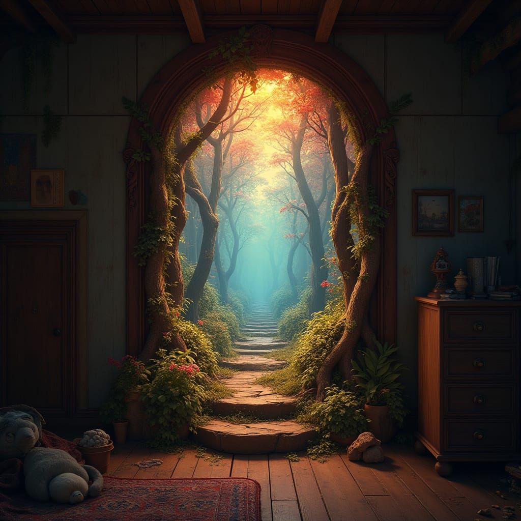 Ethereal Portal to Enchanted Forest on Worn Bedroom Wall