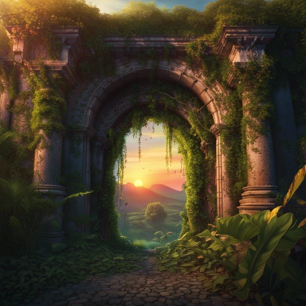 Ruined Castle Doorway at Sunset in Photorealistic Style