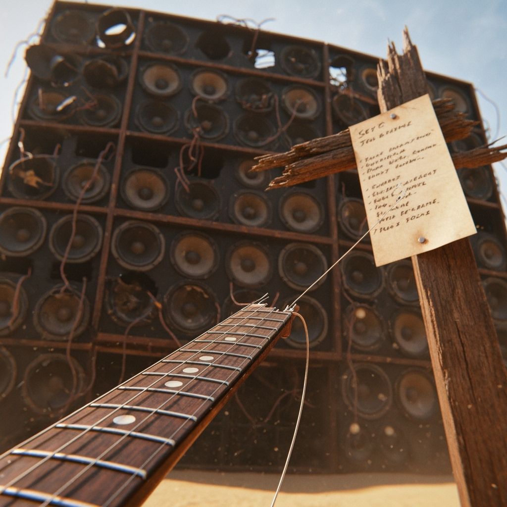 Cinematic View of Broken Guitar Neck and Speaker Wall