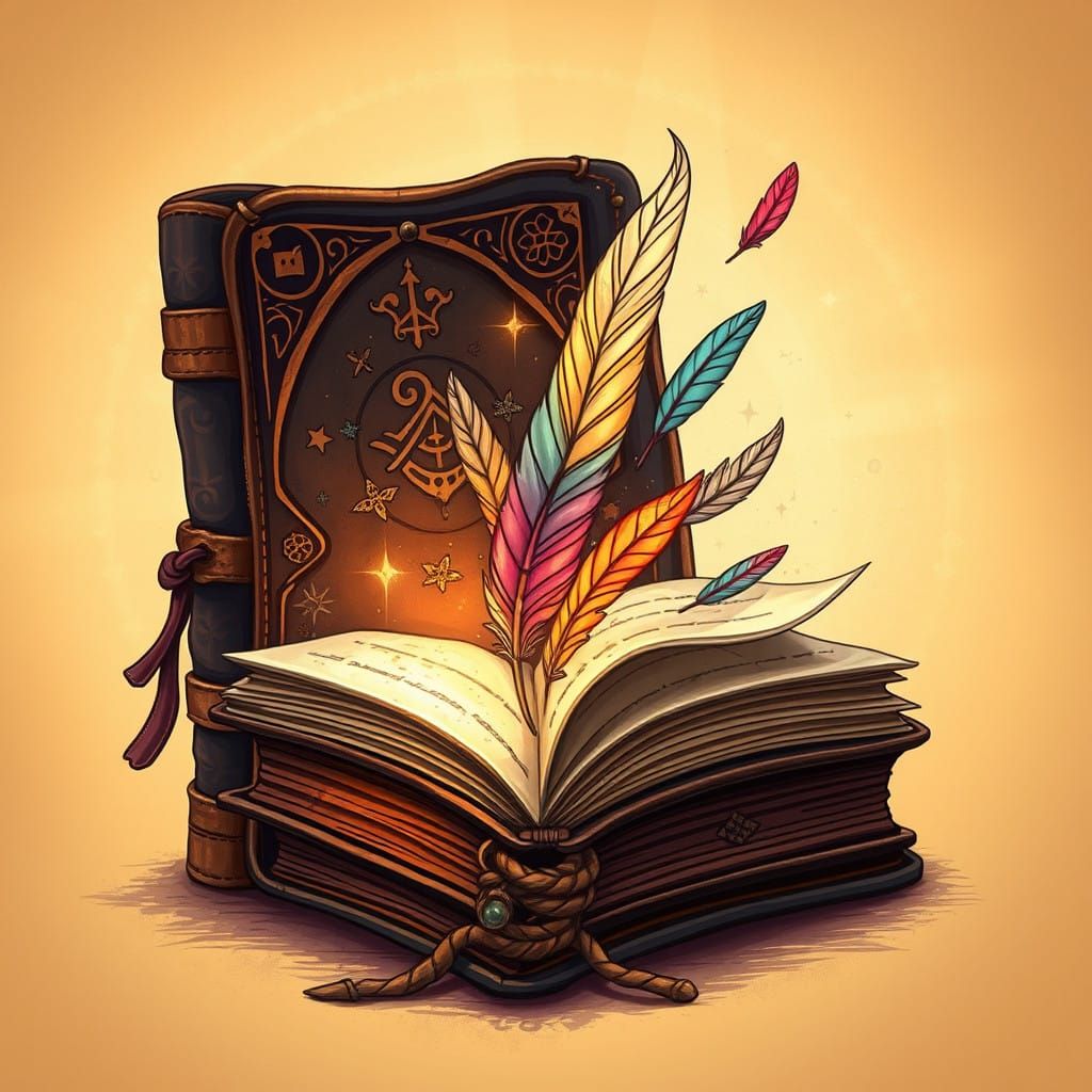 Whimsical Book Embellished with Magic Feathers in Dreamy Lig...