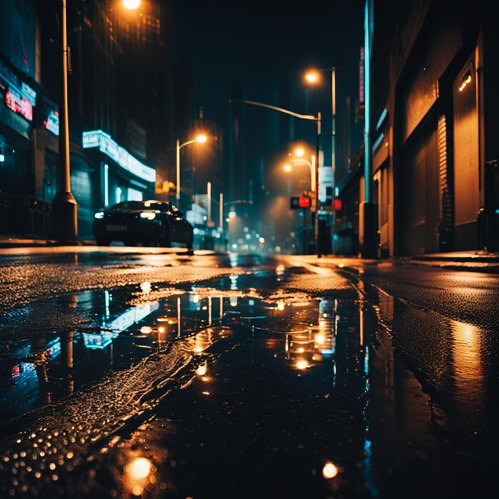 Rainy Night Cityscape in Moody High-Contrast Style
