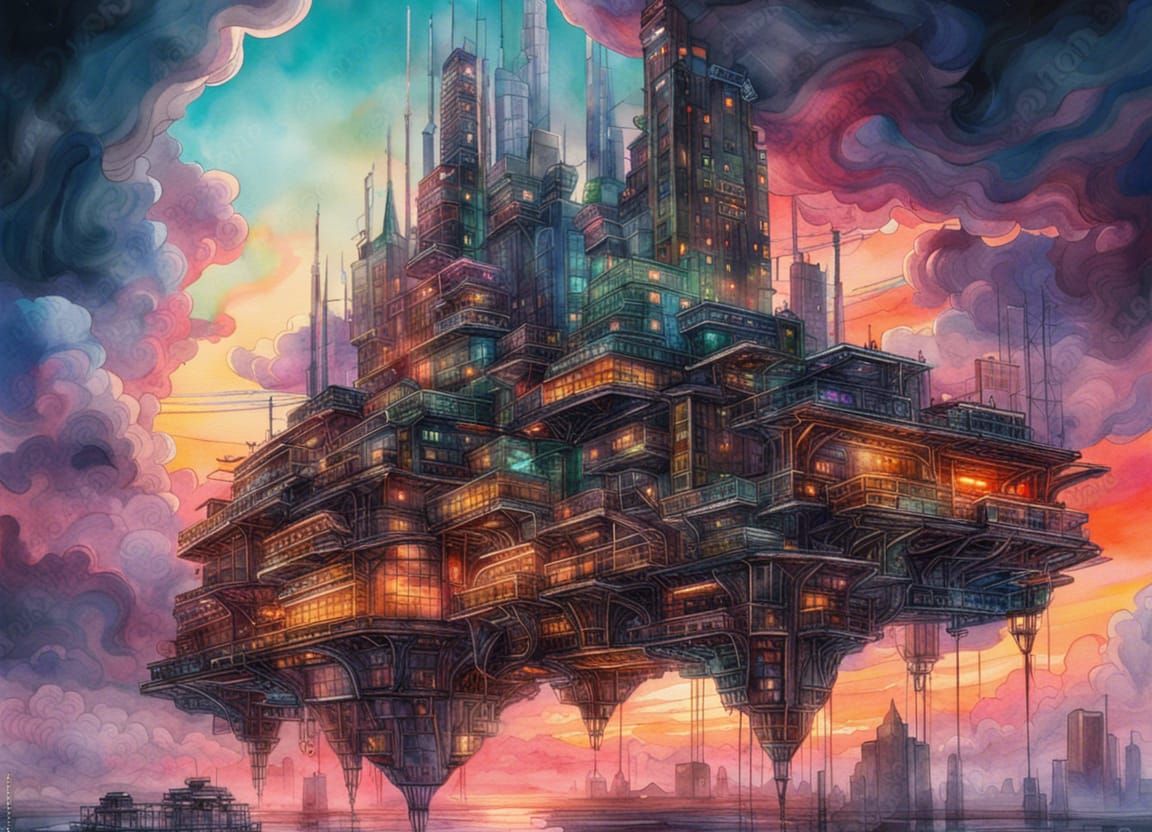 Futuristic Cloud City in Watercolor Style