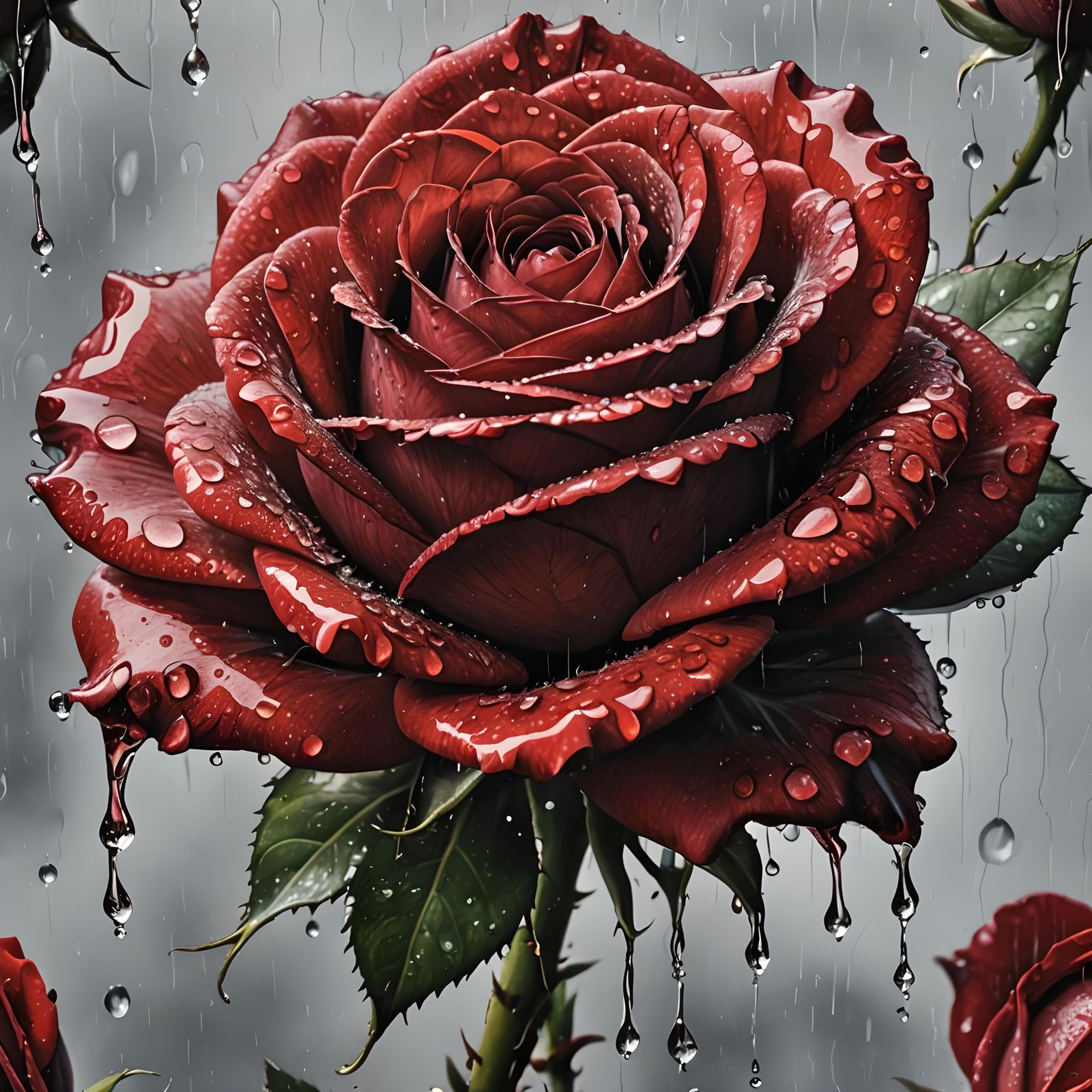 Hyperrealistic Red Rose with Raindrops