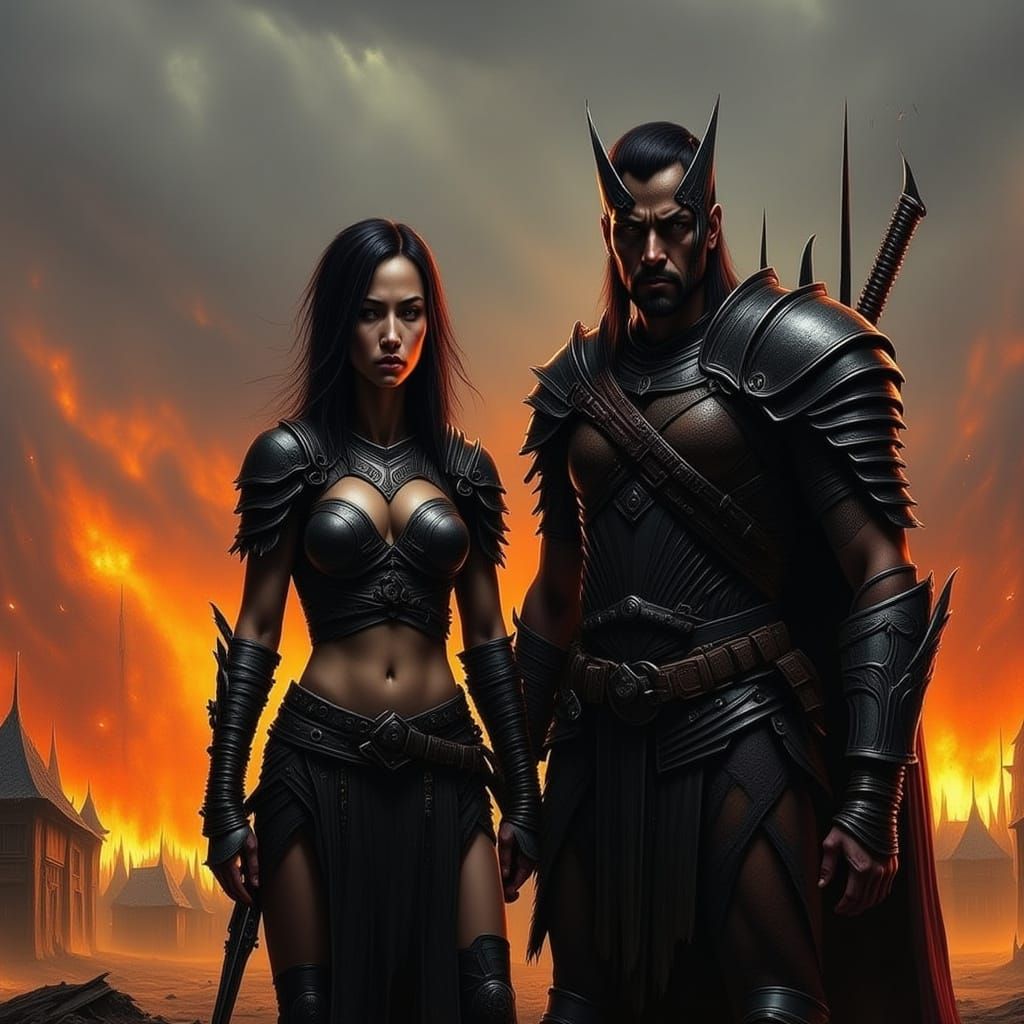 Post-Apocalyptic Warriors Amidst Burning Village