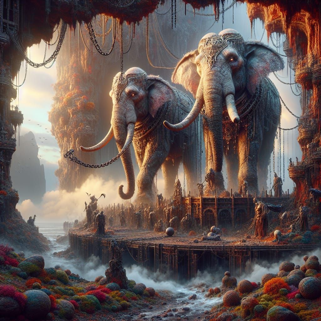 Chained Elephants in Fantasy Matte Painting
