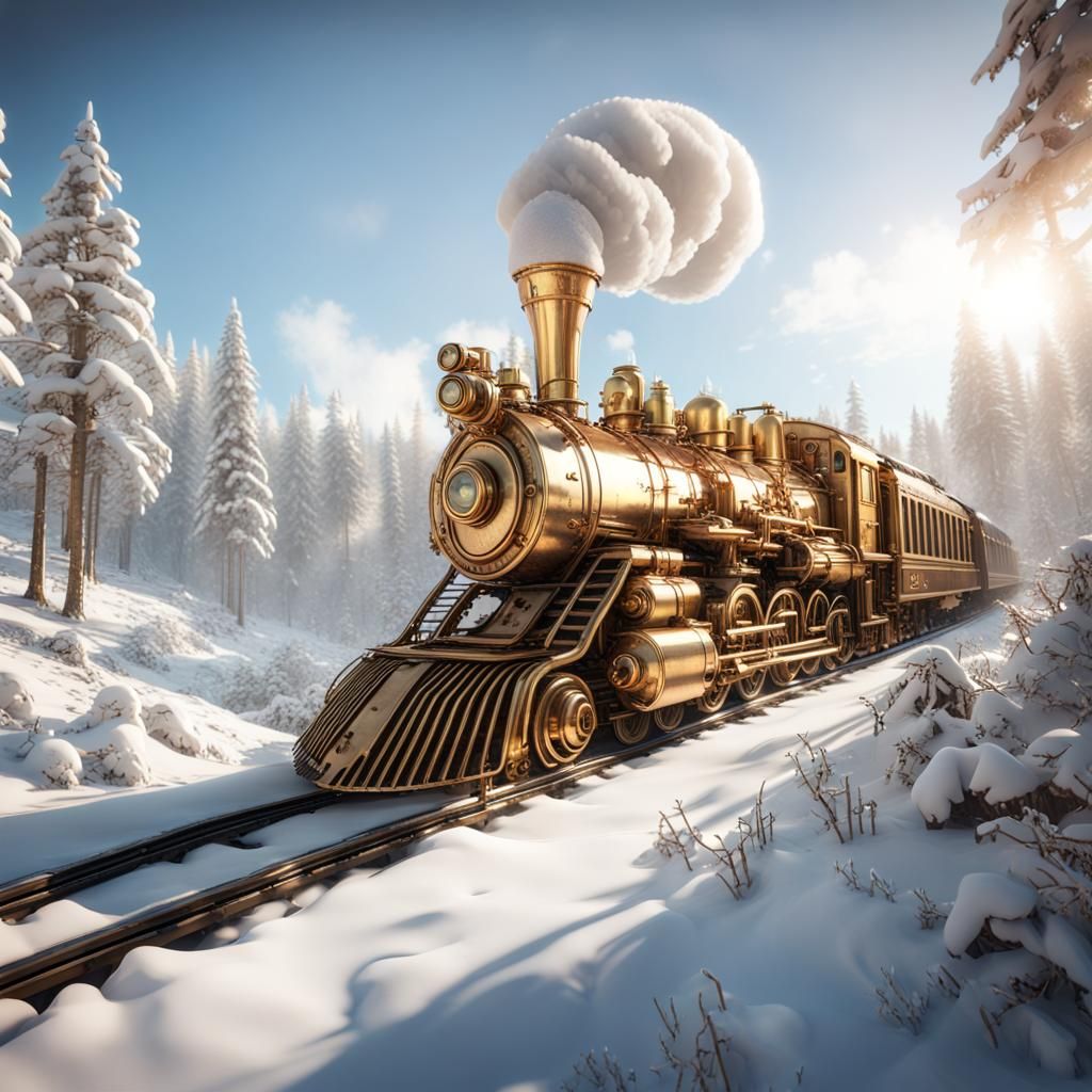 Golden Steampunk Locomotive in Snowy Forest