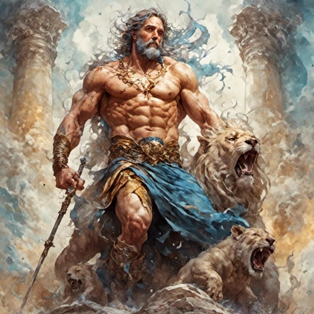 Hyperreal Hercules Separates Columns in Watercolor