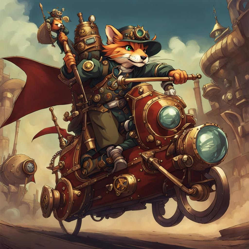 Kobold Engineer Rides Steampunk Jaguar in Anime Style
