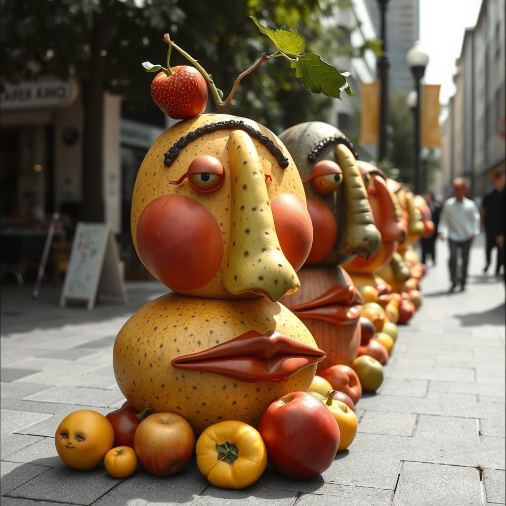 Fruit Faces in Vibrant Street Scene