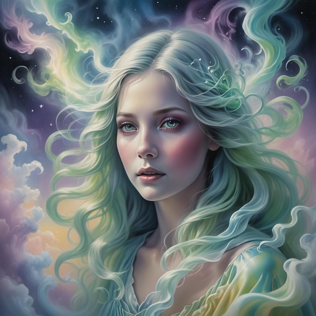 A ghostly vapor  figure coming from a story book, wind, ligh...