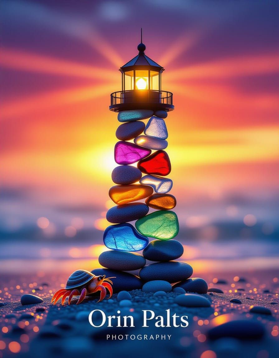 Fantastical Sea Glass Lighthouse at Sunset