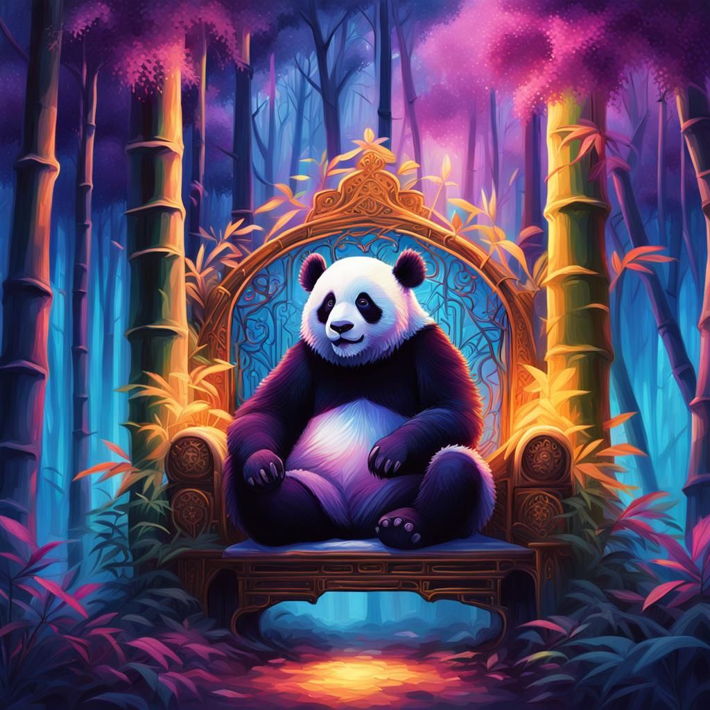 Panda on Throne in Mystical Bamboo Forest