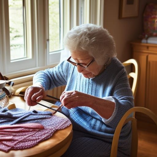 Grandma knitting at a kitchen table