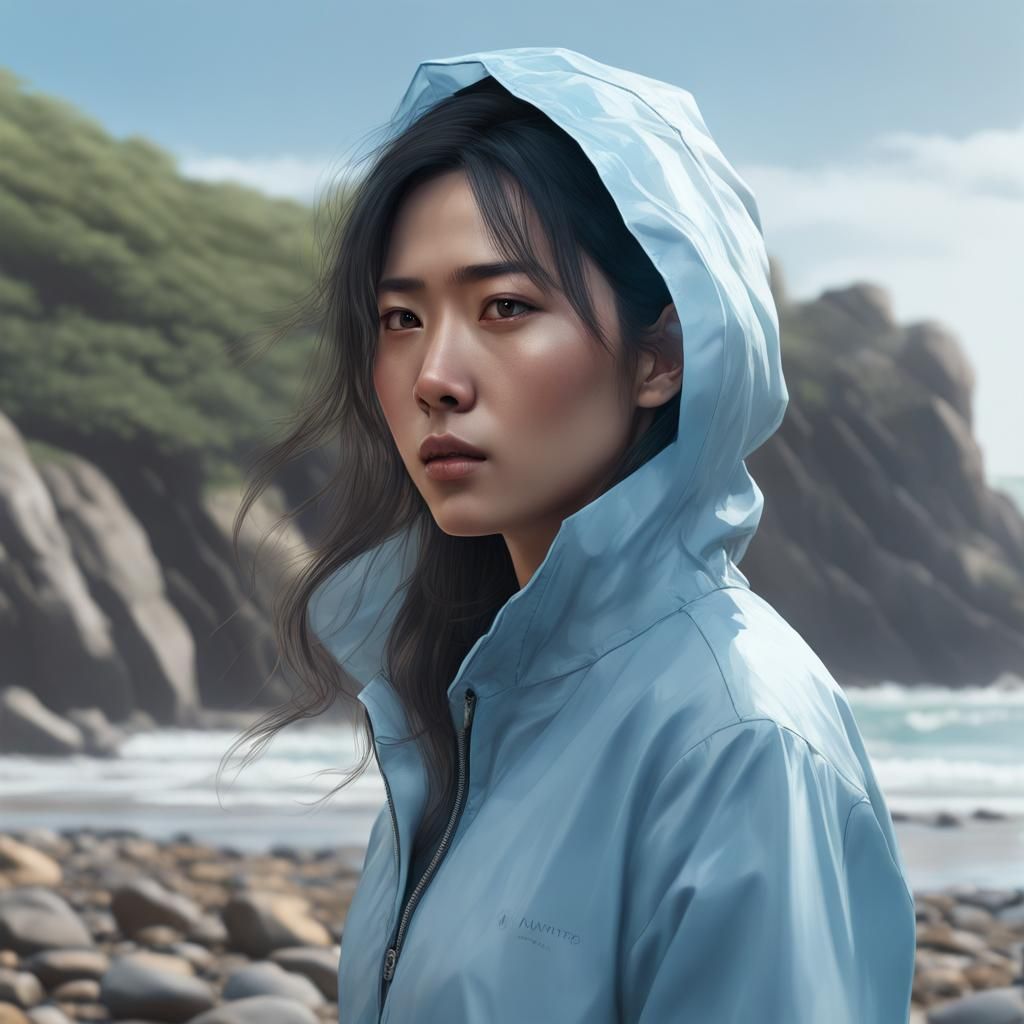 Asian Woman Portrait on Rocky Beach in Hyperdetailed Style