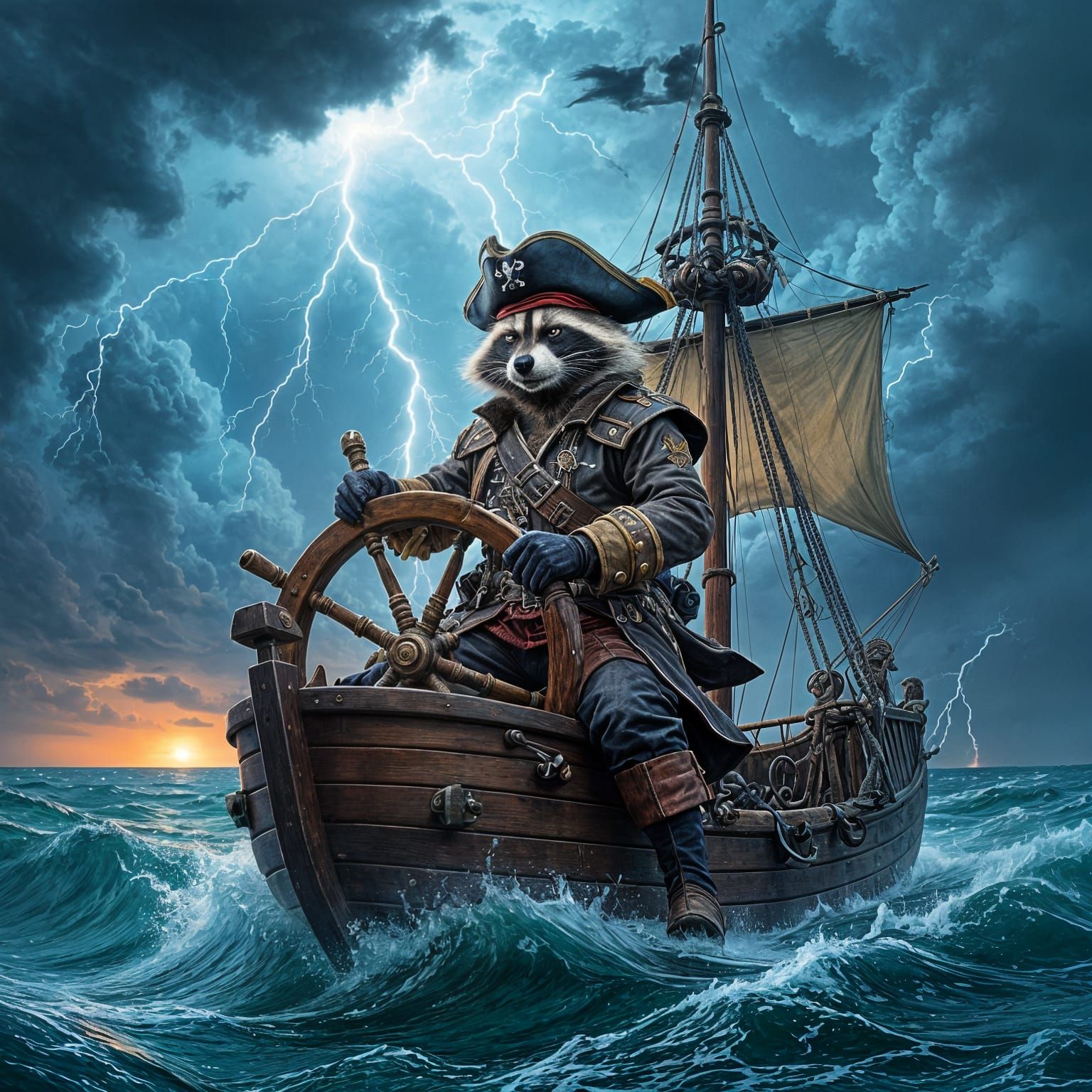Racoon Pirate Captain Sails Stormy Seas