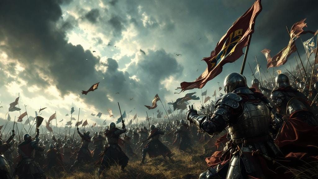 Clash of Steel: Epic Medieval Battle Under Stormy Skies