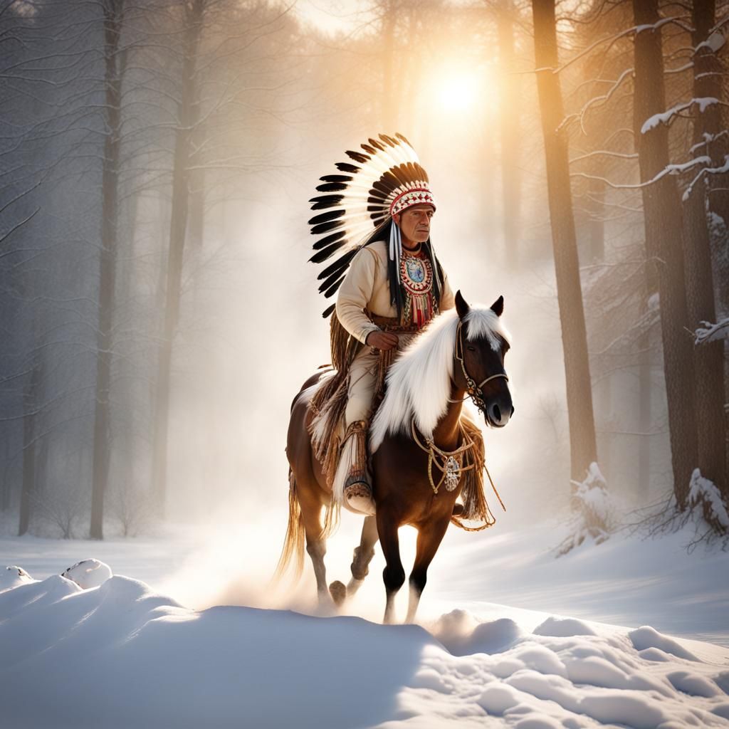 a vivid description of an image of an Indian chief, adorned in traditional attire, riding a majestic horse with horses h...