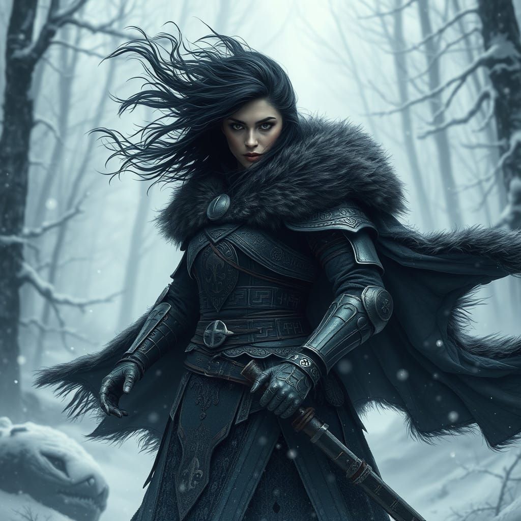 Battle-Hardened Warrior Woman in Snowy Forest