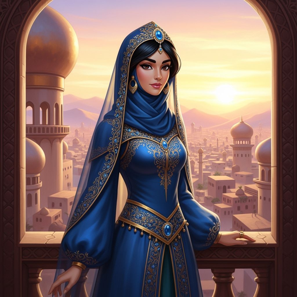 Princess Jasmine in Jewel-Encrusted Hijab Overlooking Desert...