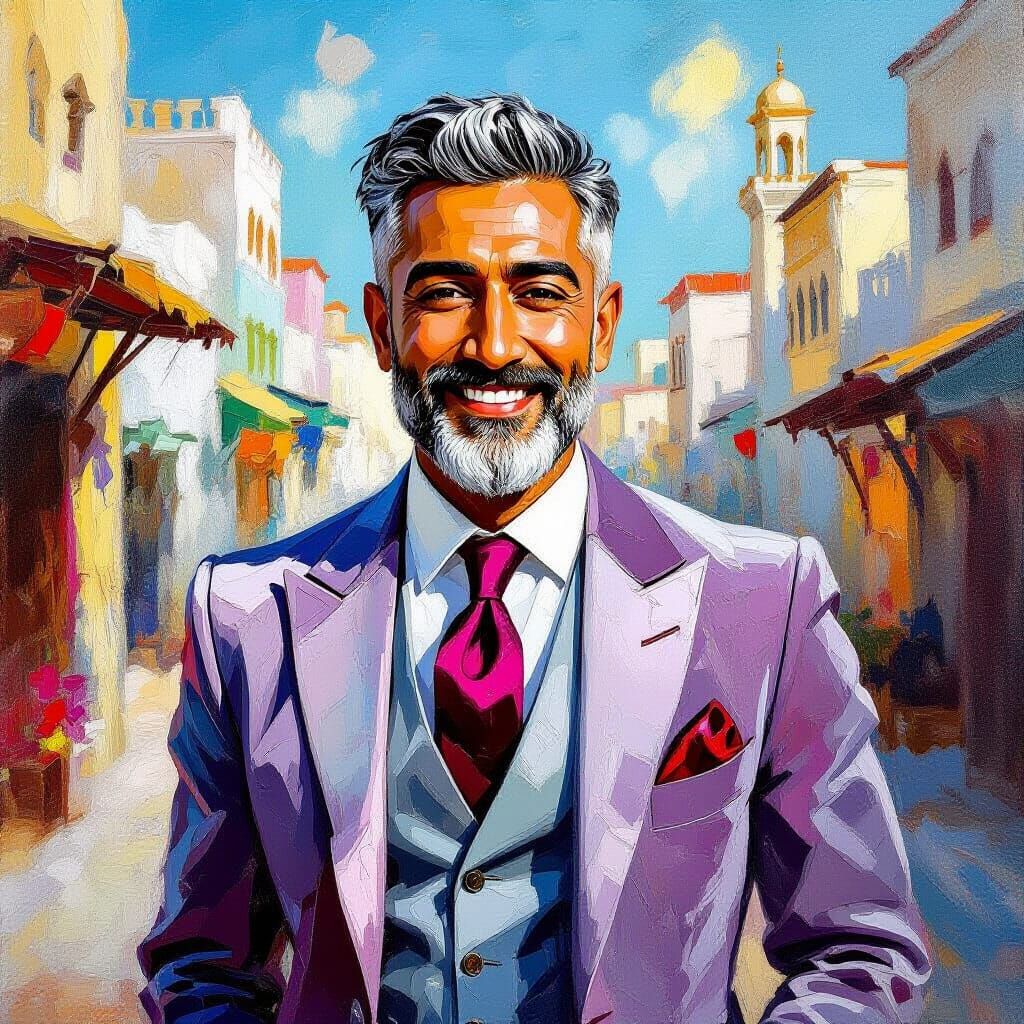 Smiling Man in Velvet Suit: Neo-Impressionist Impasto Oil Pa...